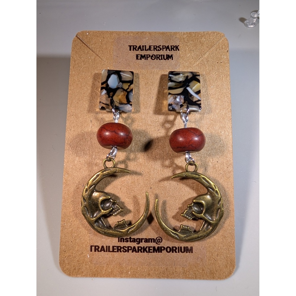 Trailerspark Emporium Skull Crescent Moon Drop Earrings Nickel Free Bronze Tone